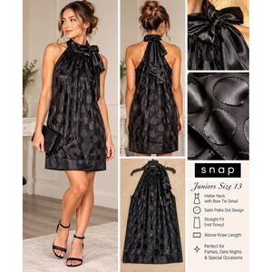 Snap Juniors Black Satin Polka Dot Halter Dress Size 13 Bow Neck Party